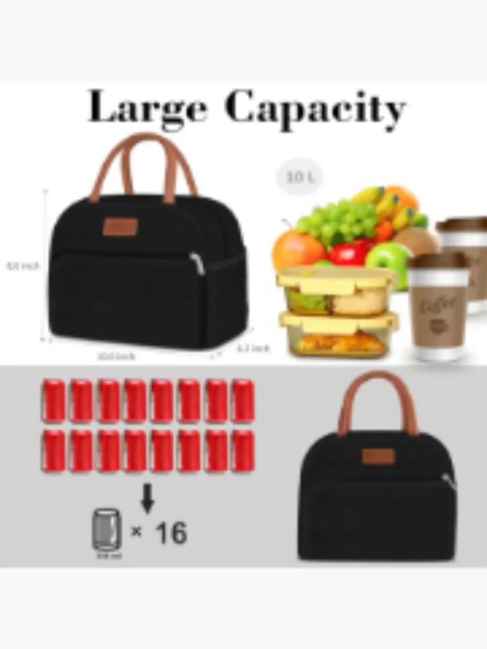 Insulated Lunch Bag 10L Leakproof Cooler Tote Reusable Oxford Fabric